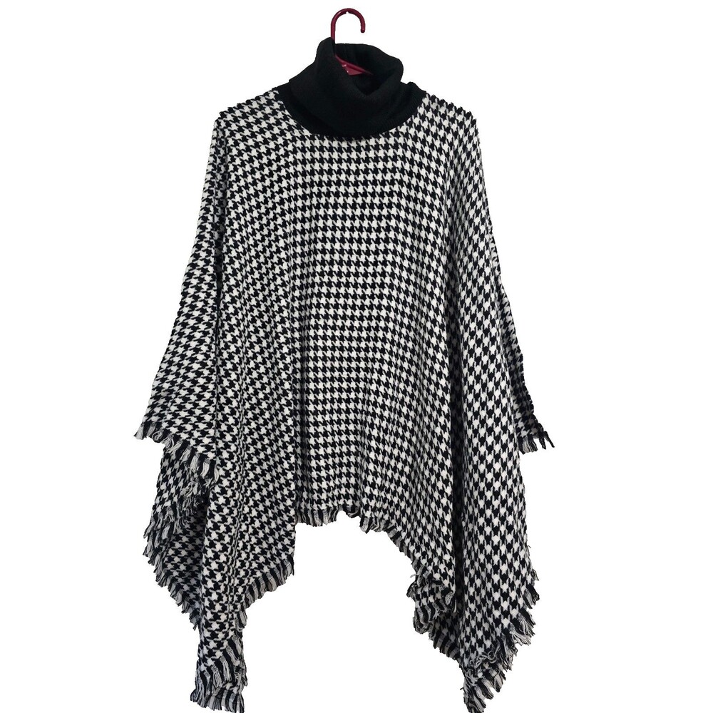 Ellie Kate OS Turtleneck  Poncho Black White Houndstooth Fringe Sweater NWT